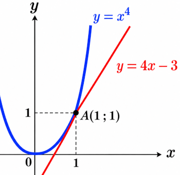 Courbe de la fonction x puissance 4 et tangente au point d'abscisse 1